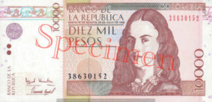 Billet 10000 Pesos Colombie COP 1995 recto