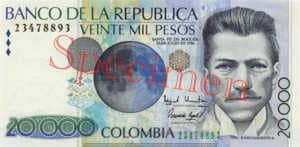 Billet 20000 Pesos Colombie COP 1996 recto