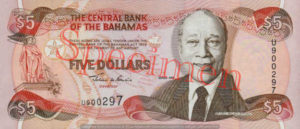 Billet 5 Dollar Bahamas BSD 1995 recto