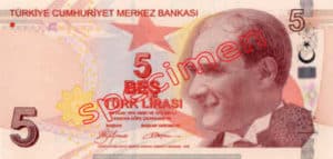 Billet 5 Livre Turquie TRY Type I recto