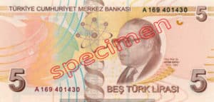 Billet 5 Livre Turquie TRY Type I verso