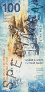 Billet 100 Francs Suisses CHF 2019 verso