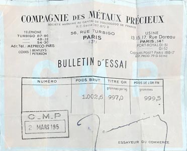 Bulletin d'Essai Compagnie Des Métaux Précieux