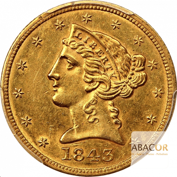 5 Dollars Or Liberty Sans Devise 1839 à 1866