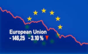European Union stock market down. Falling chart with EU flag. Bear market, recession, stock market crash, negative trend, weak business, investment, trading, loss.