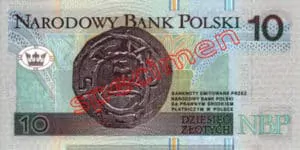 Billet 10 Zloty Pologne PLN Type I verso